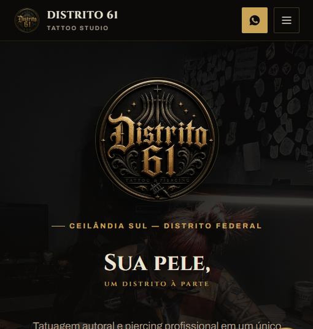 Página inicial do site do Distrito 61 Tattoo Studio