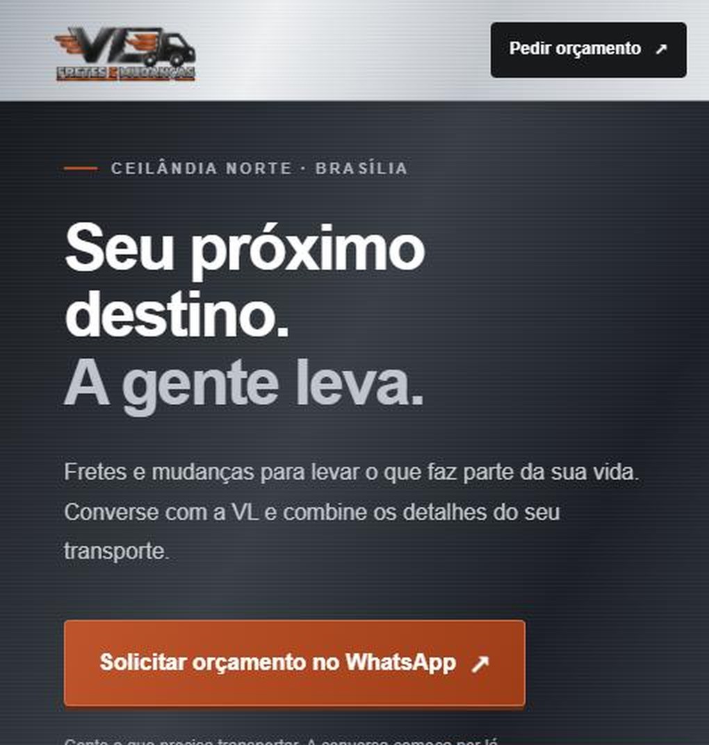 Página inicial do site da VL Fretes e Mudanças